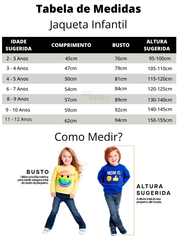 tabela de medidas Jaqueta Puffer Infantil com Capuz Masculino Feminino